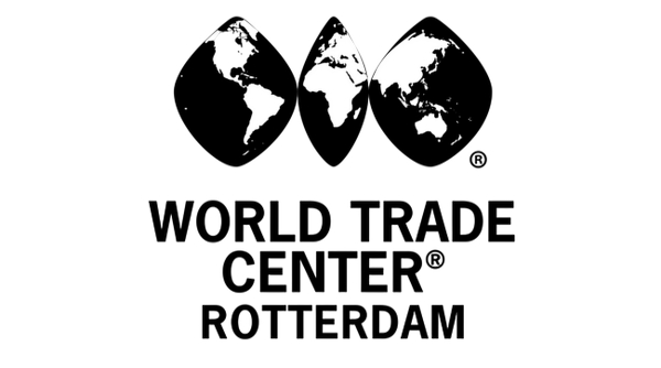 Een zwart-wit logo voor het World Trade Center in Rotterdam