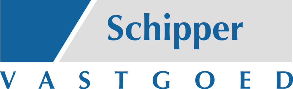 A blue and white logo for schipper vastgoed