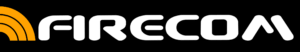 Het logo voor firecom is wit op een zwarte achtergrond