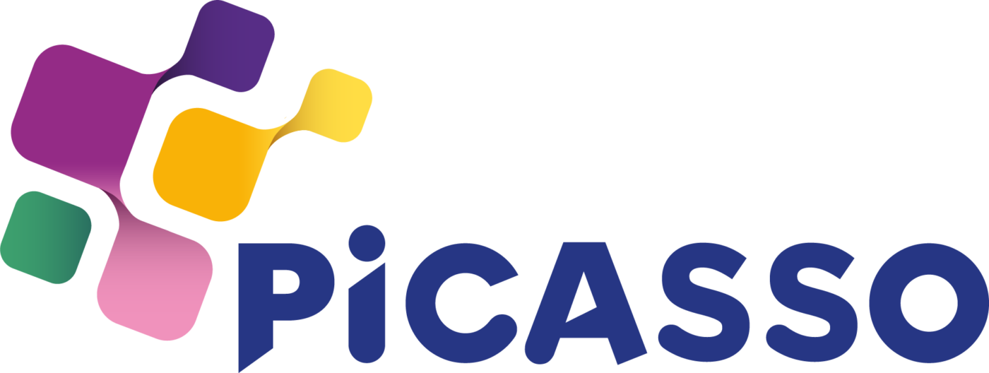 Een logo voor Picasso met een kleurrijk vierkant in het midden