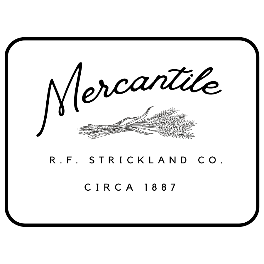A black and white logo for mercantile r.f. strickland co. circa 1887.