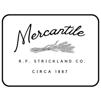 A black and white logo for mercantile r.f. strickland co. circa 1887.