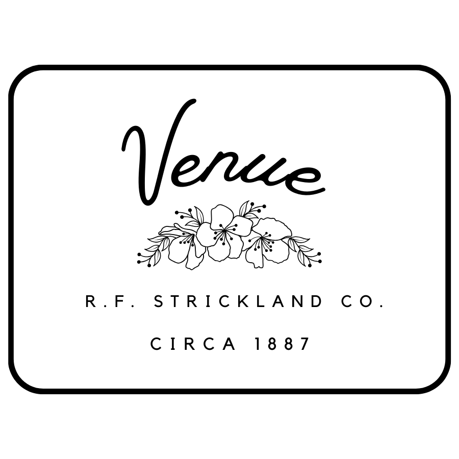 A black and white logo for venue r.f. strickland co. circa 1887.