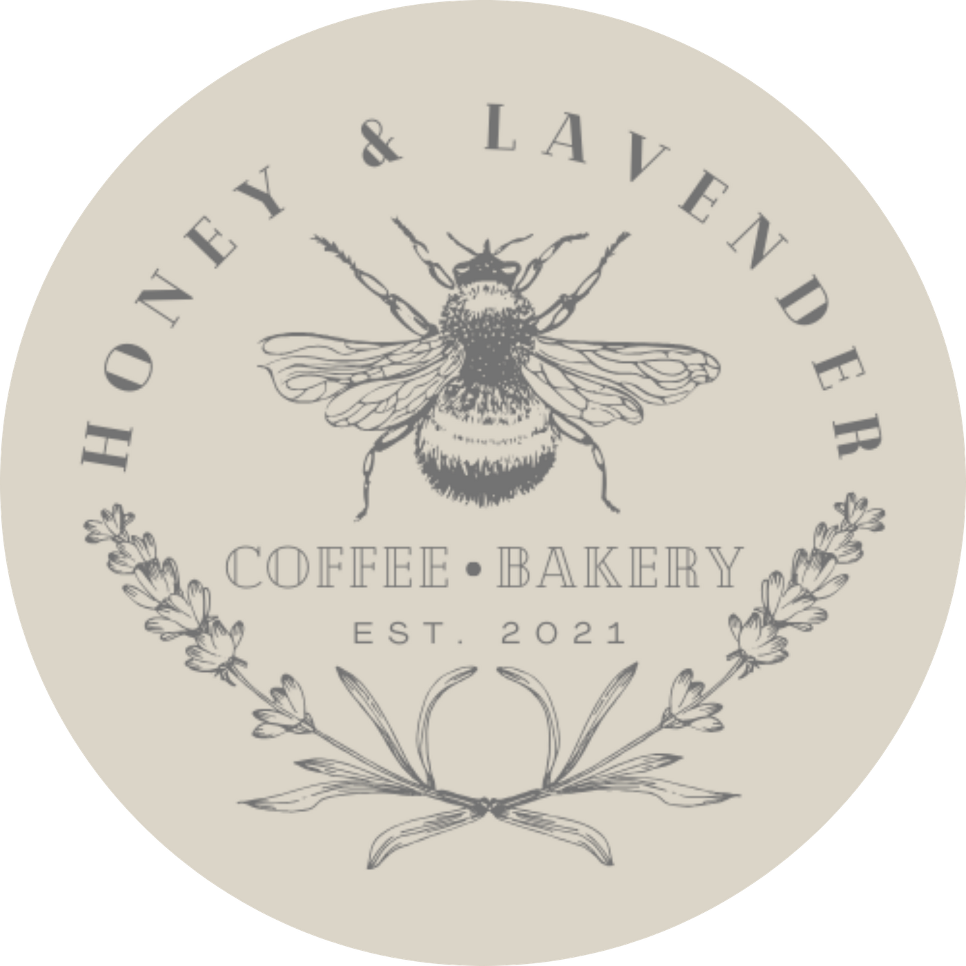 A honey and lavender coffee bakery logo with a bee on it