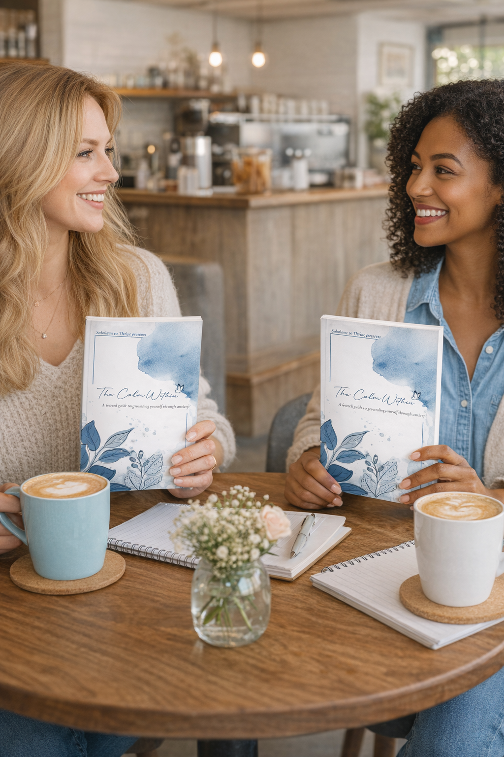 Two people holding a journal, smiling, seated at a cafe table with coffee and flowers.