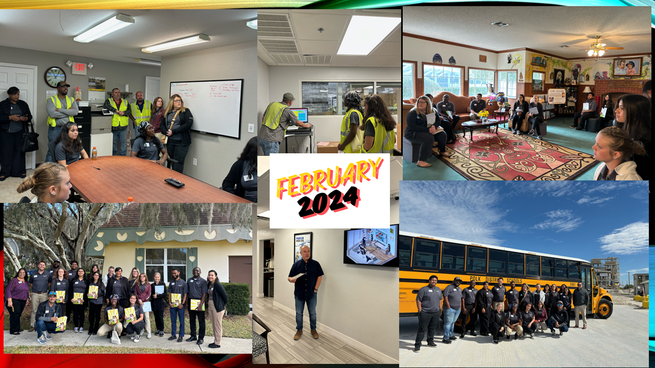 A collage of photos of people , buildings , and a school bus.