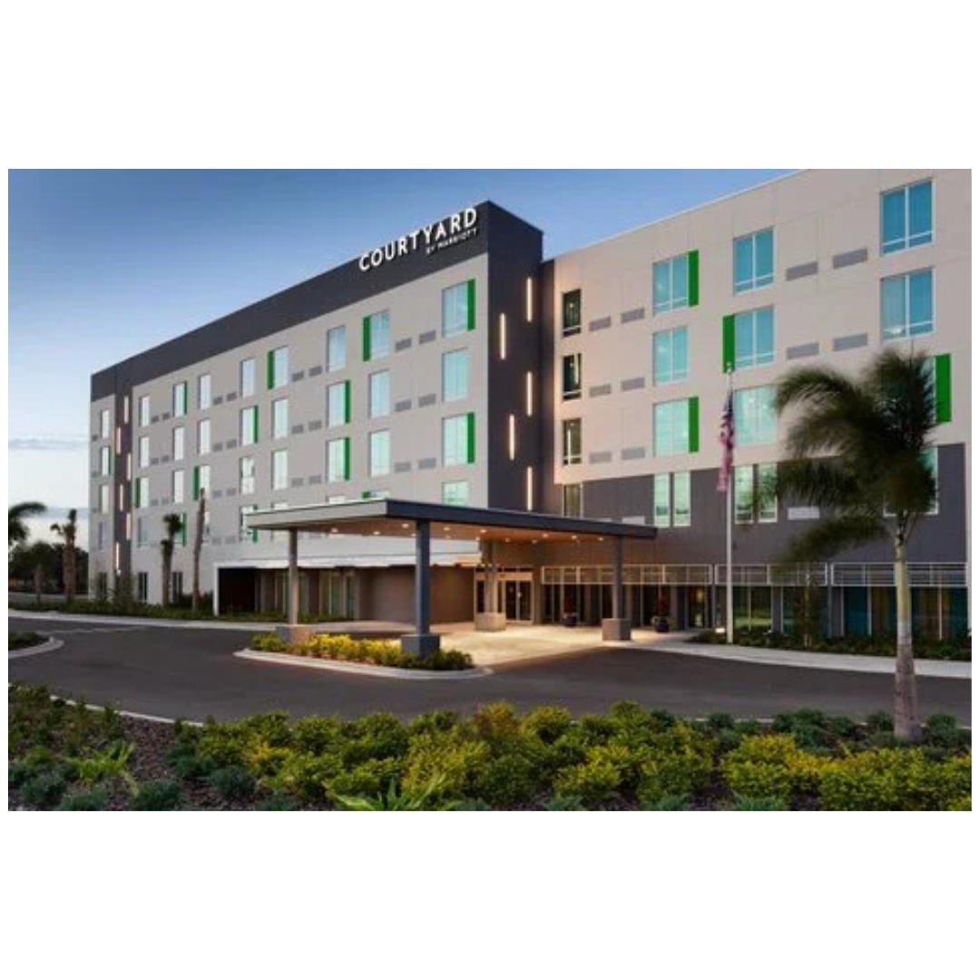 A large building with palm trees in front of it
