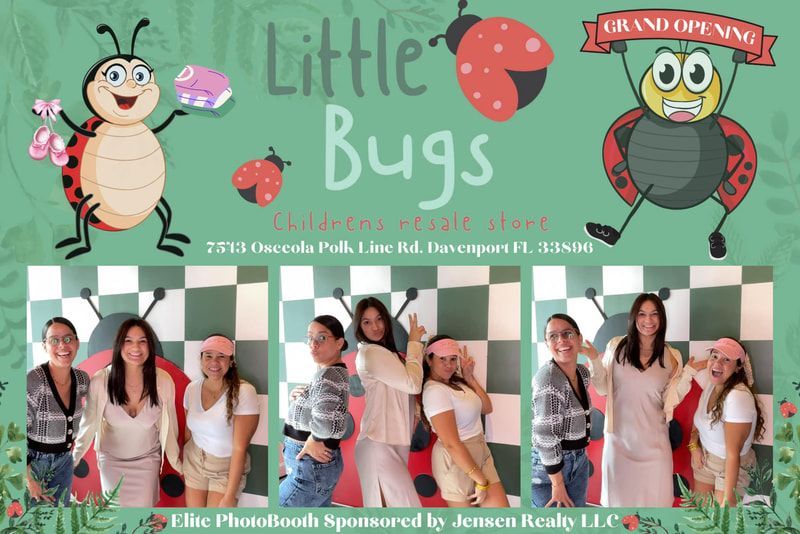 A group of women are posing for a picture in front of a sign that says little bugs.