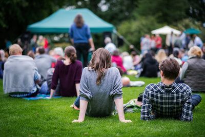 A group of people are sitting on the grass watching a concert.