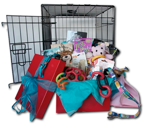 Dog crate with puppy toys.