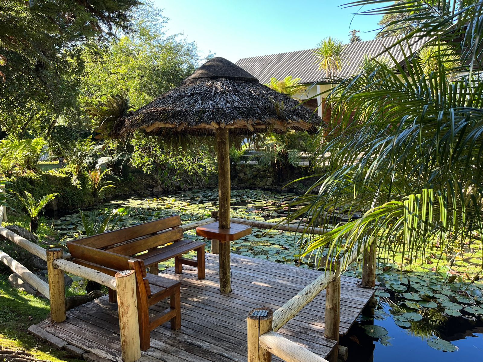 Um cais de madeira com um guarda-chuva de palha e um banco próximo a um lago.