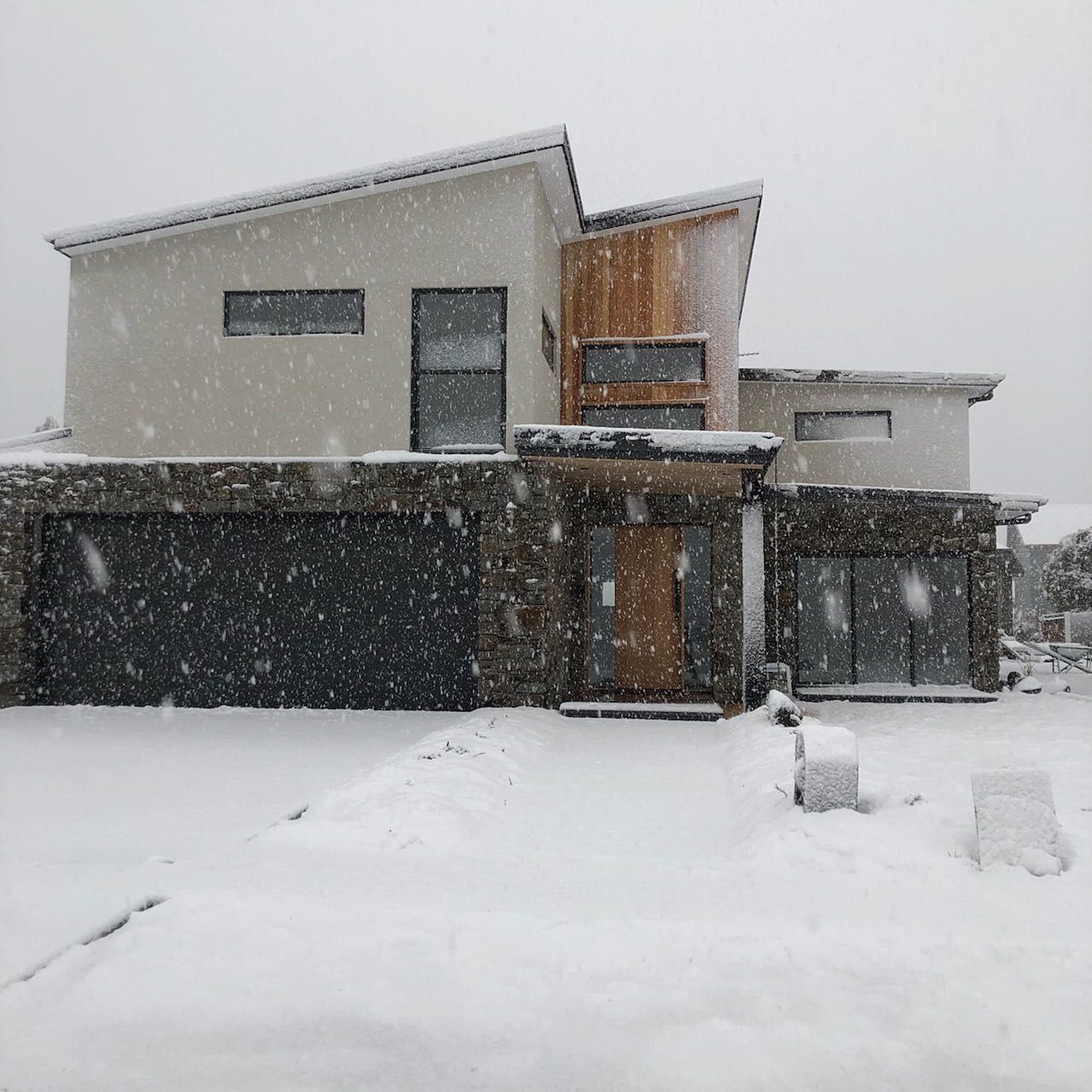 A house is covered in snow on a snowy day