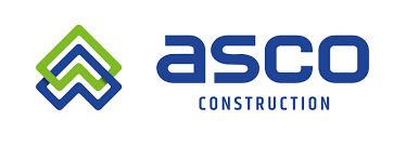The logo for asco construction is blue and green.