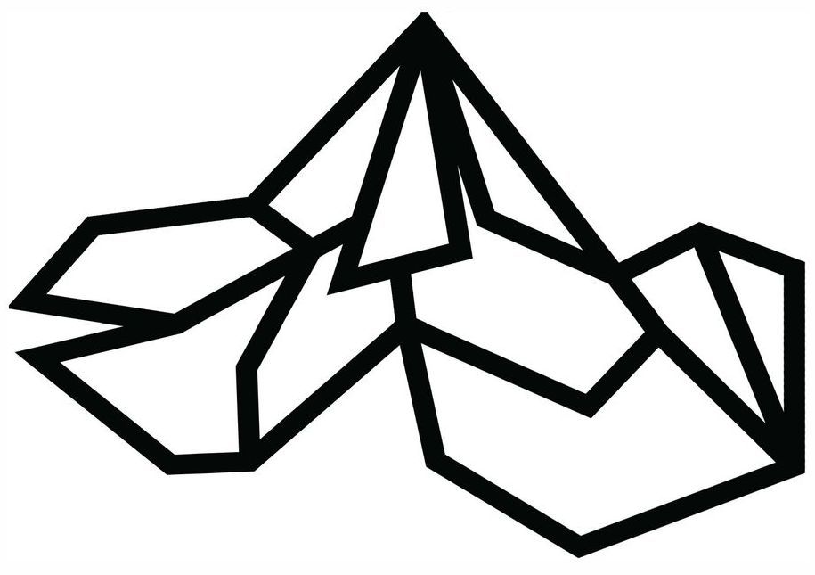 A black and white drawing of a mountain made of triangles on a white background.