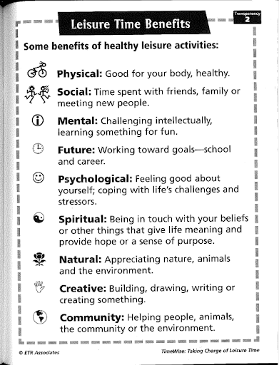 Infographic listing benefits of healthy leisure activities