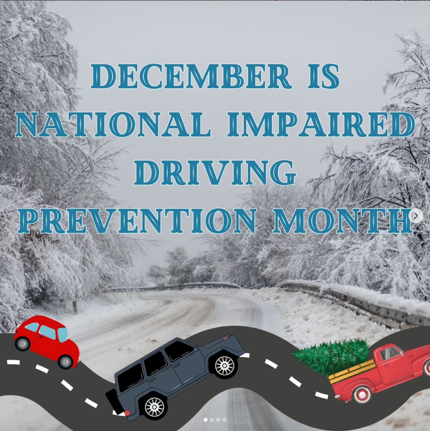 Snowy road with cars; text reads