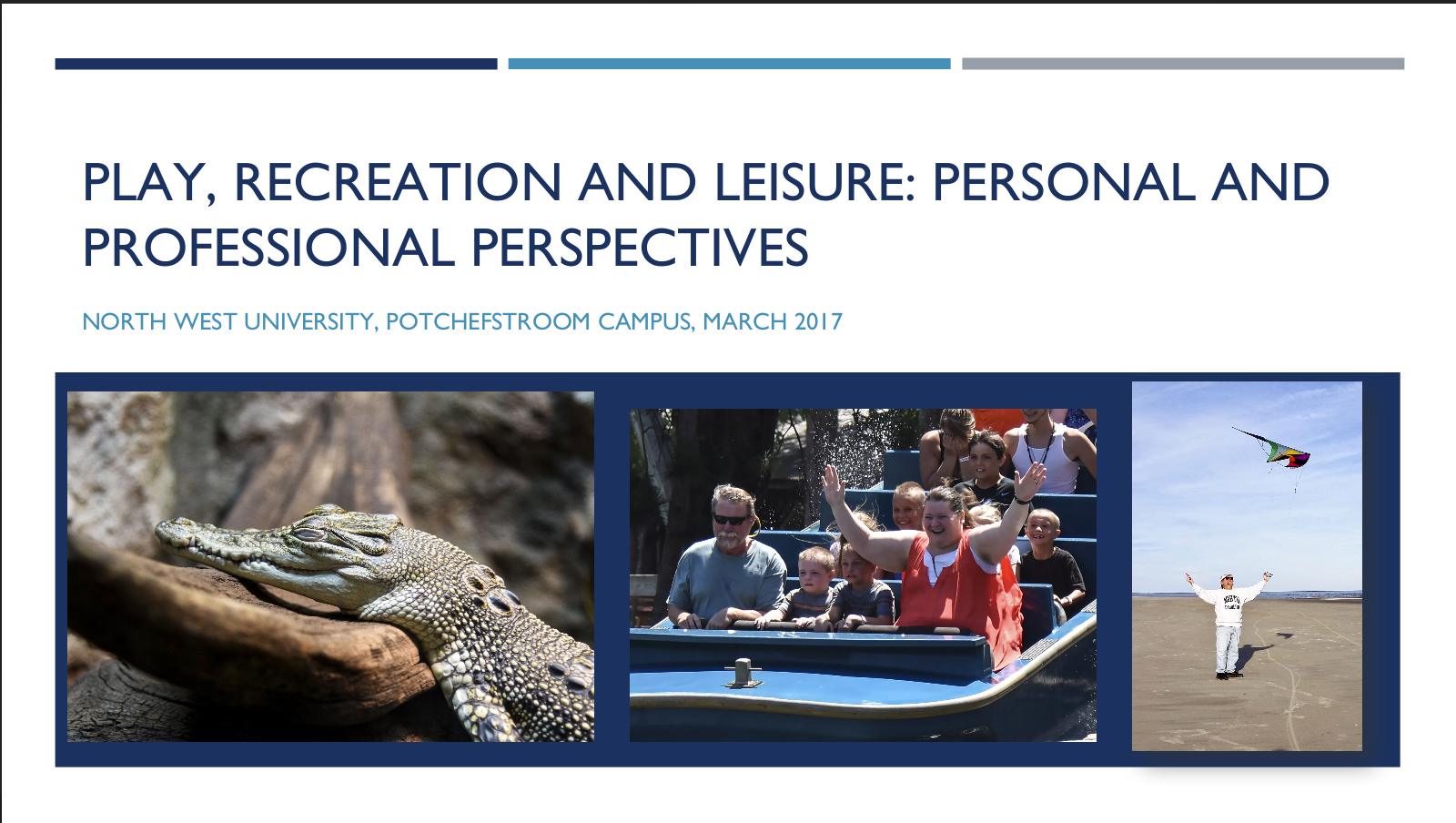 Presentation slide: Play, recreation, and leisure; personal/professional perspectives.
