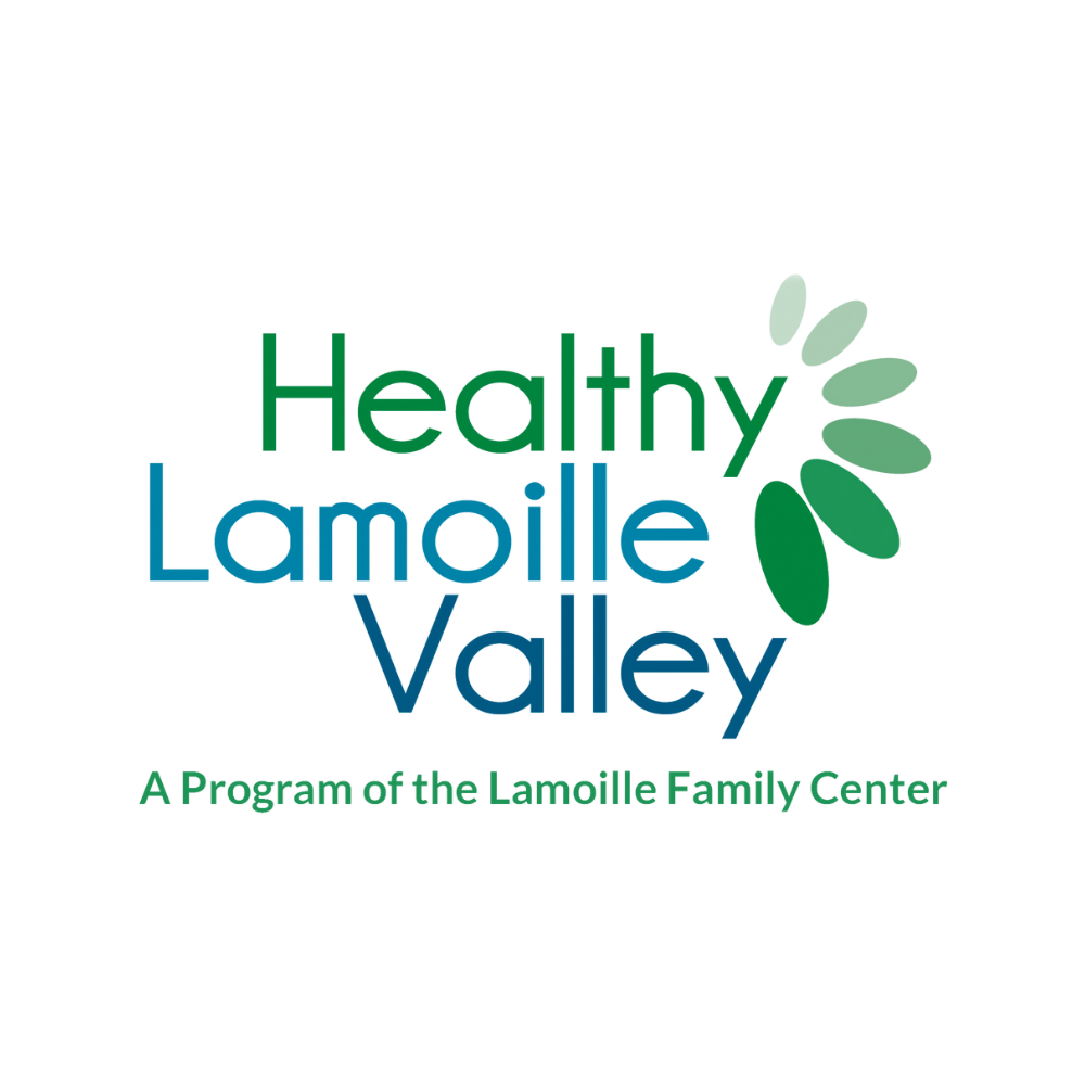 Logo for Healthy Lamoille Valley, with green and blue text and a floral design element, located in Vermont.