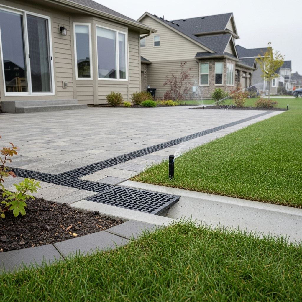 Patio with drainage system, house in the background, green grass, overcast day.
