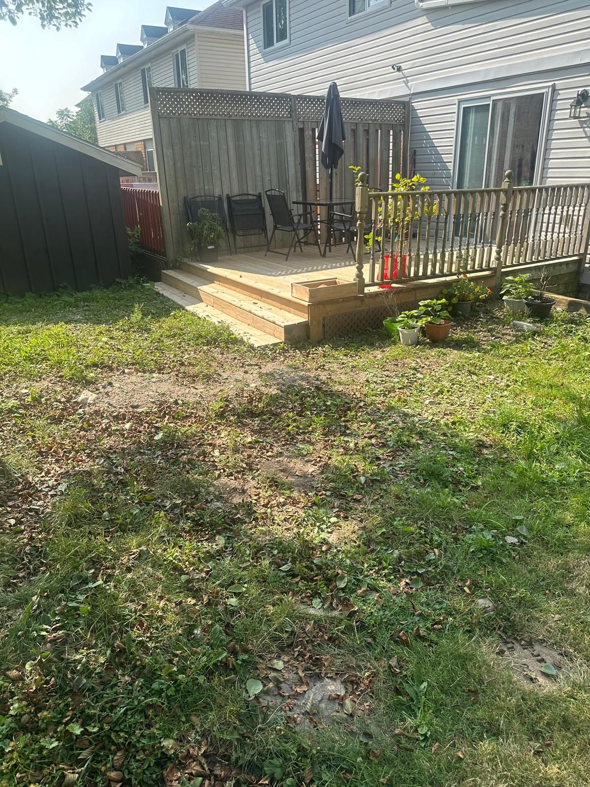 Backyard with wooden deck, shed, and overgrown grass.