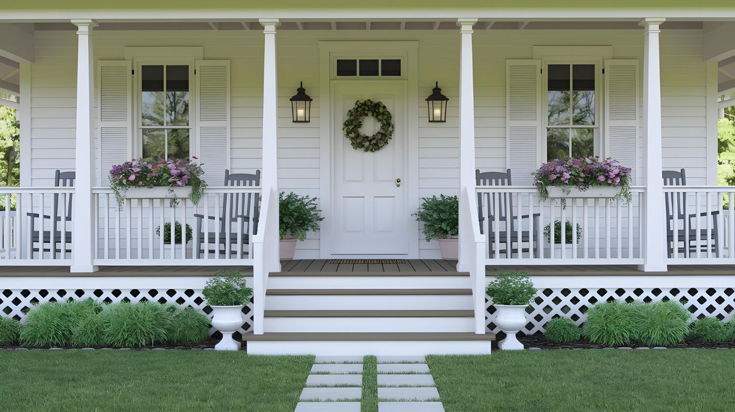 A white house with a porch and a wreath on the door.