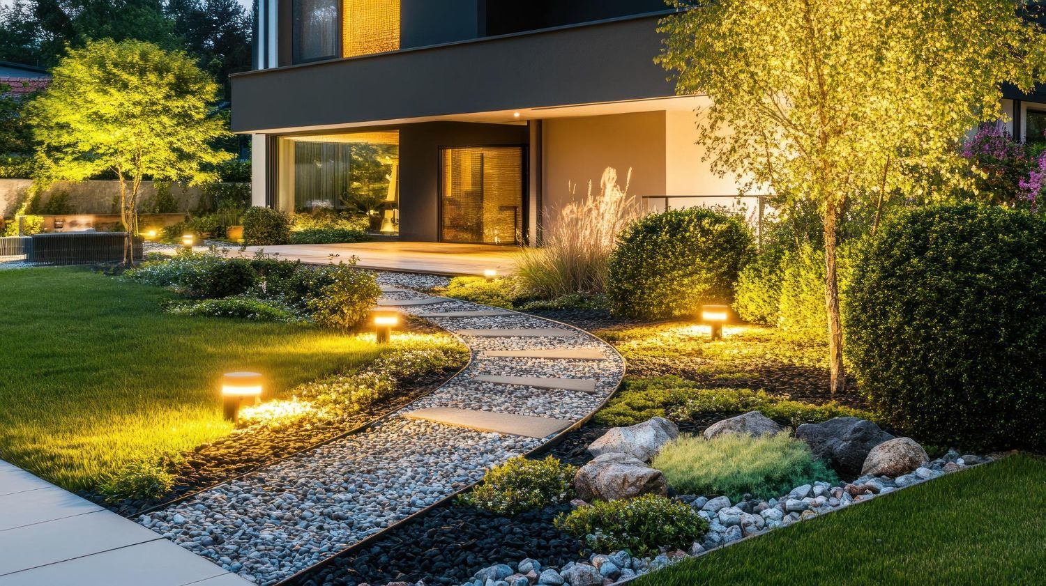 A modern house front yard at dusk with a gravel pathway, stone steps, landscaped gardens, and warm pathway lighting.