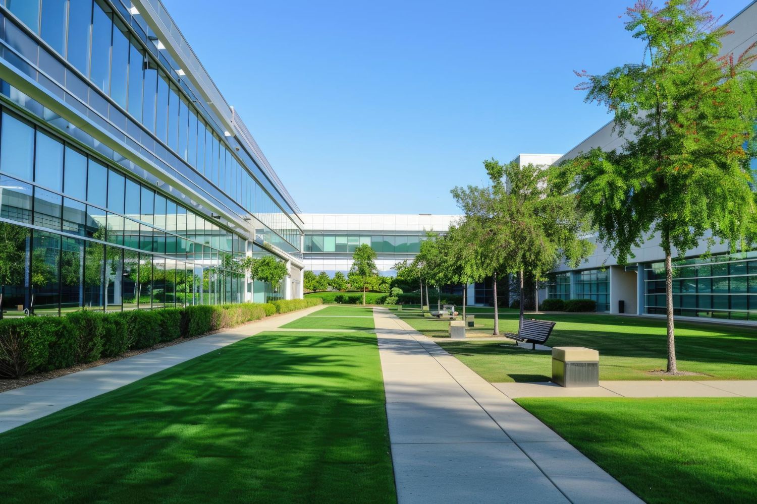A large building with a lot of windows is surrounded by trees and grass.
