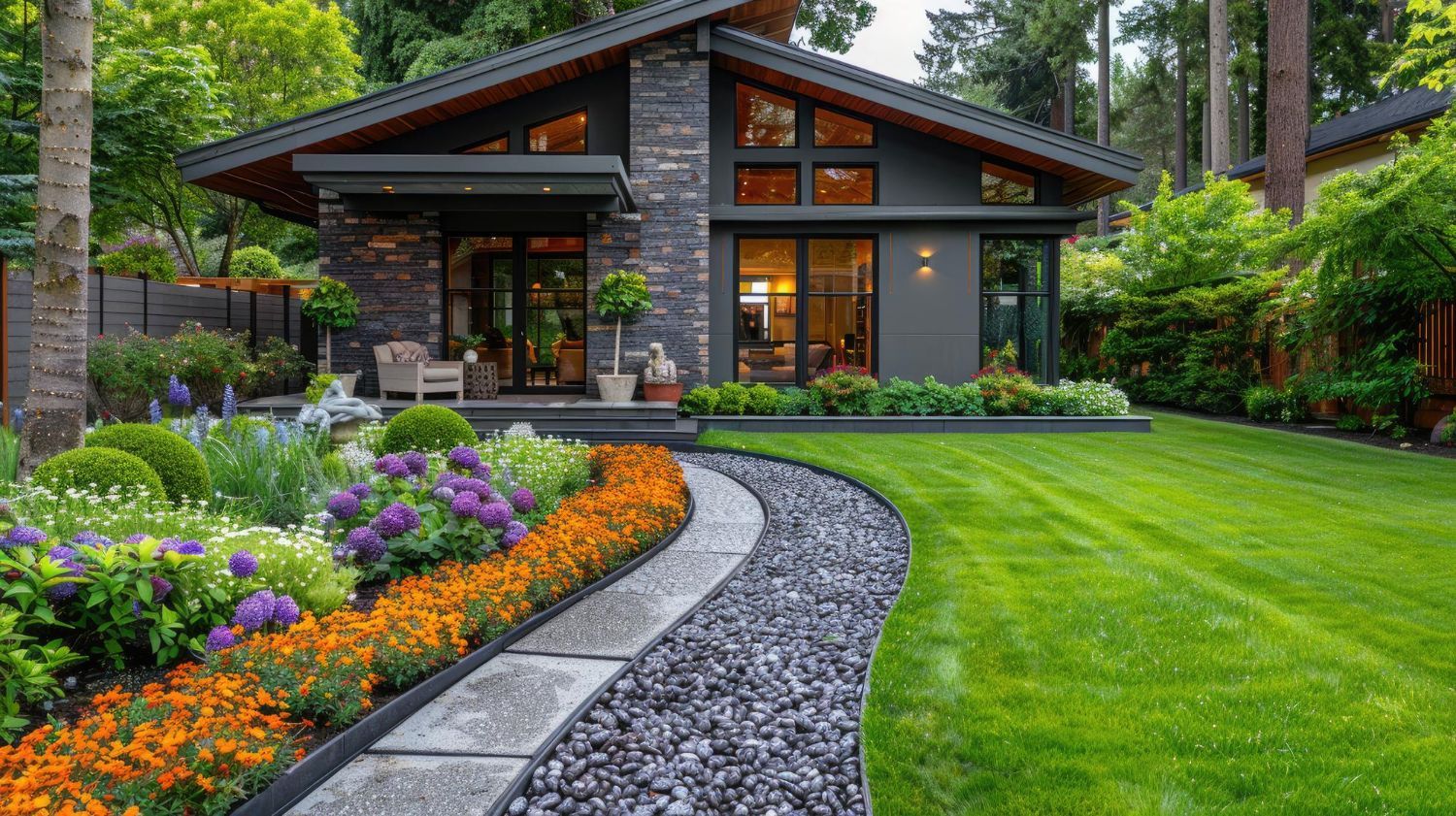 A modern house with a stone facade, surrounded by a lush garden featuring a curving stone path and vibrant orange flowers.