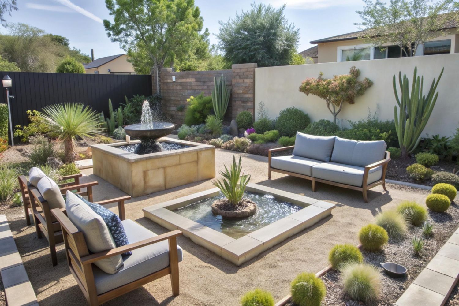 Modern desert-style patio with two water features, outdoor seating, and various cacti in a landscaped garden.