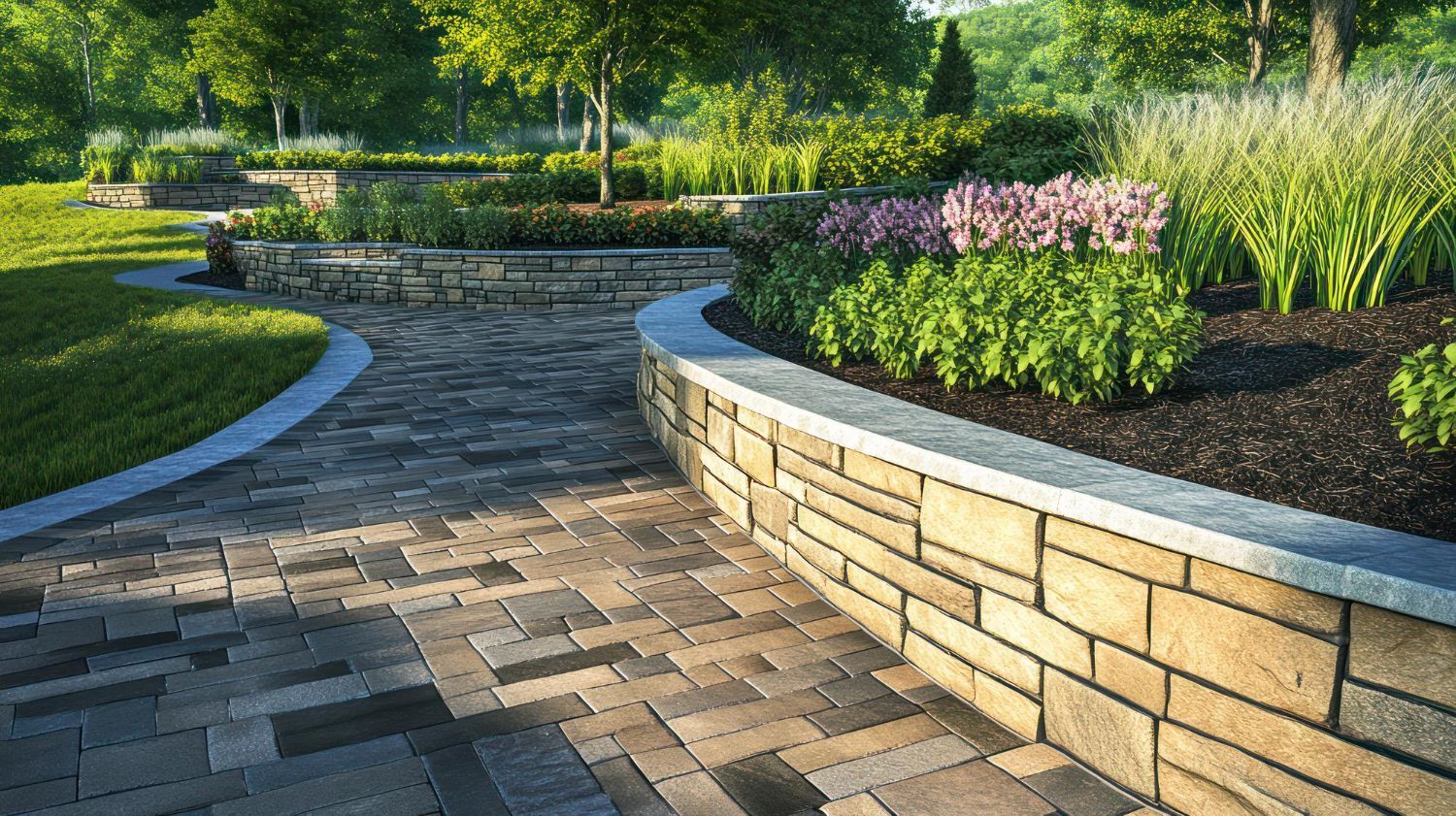 A brick walkway with a stone wall in the middle of a park.