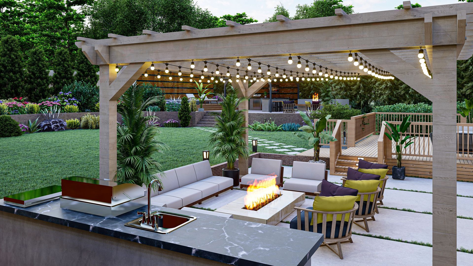 There is a fire pit in the middle of the patio under a pergola.