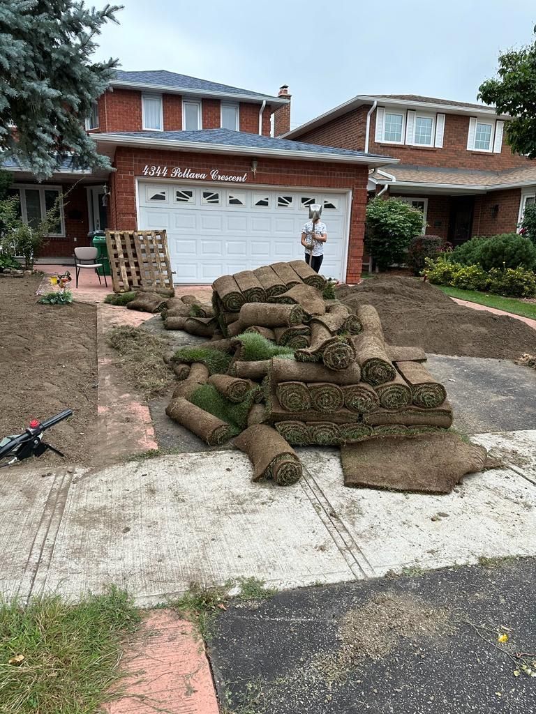 A pile of sod is sitting on the sidewalk in front of a house.