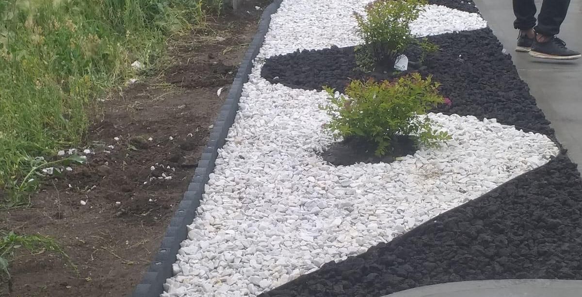 A person is walking down a sidewalk lined with black and white gravel and plants.