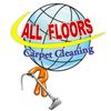 A logo for all floors carpet cleaning with a man holding a vacuum cleaner.