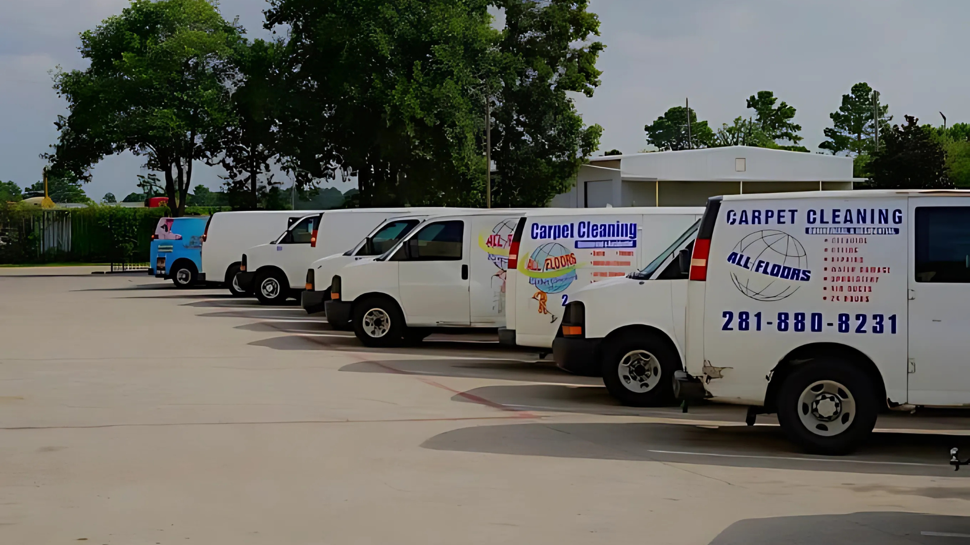 A row of carpet cleaning vans are parked in a parking lot.