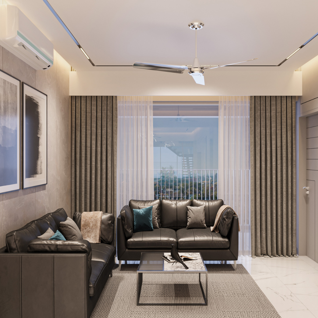 A living room with a couch , coffee table , and ceiling fan.