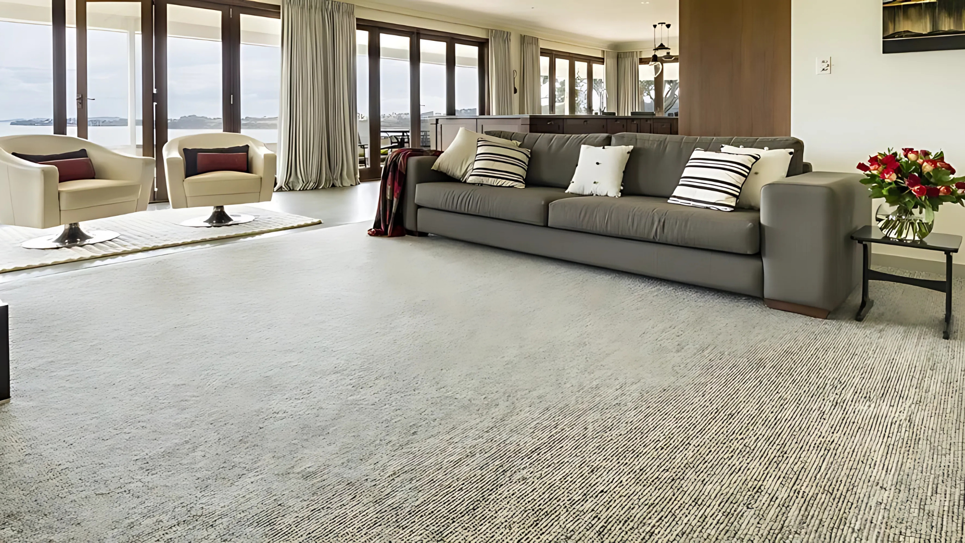 A living room with a large couch and chairs