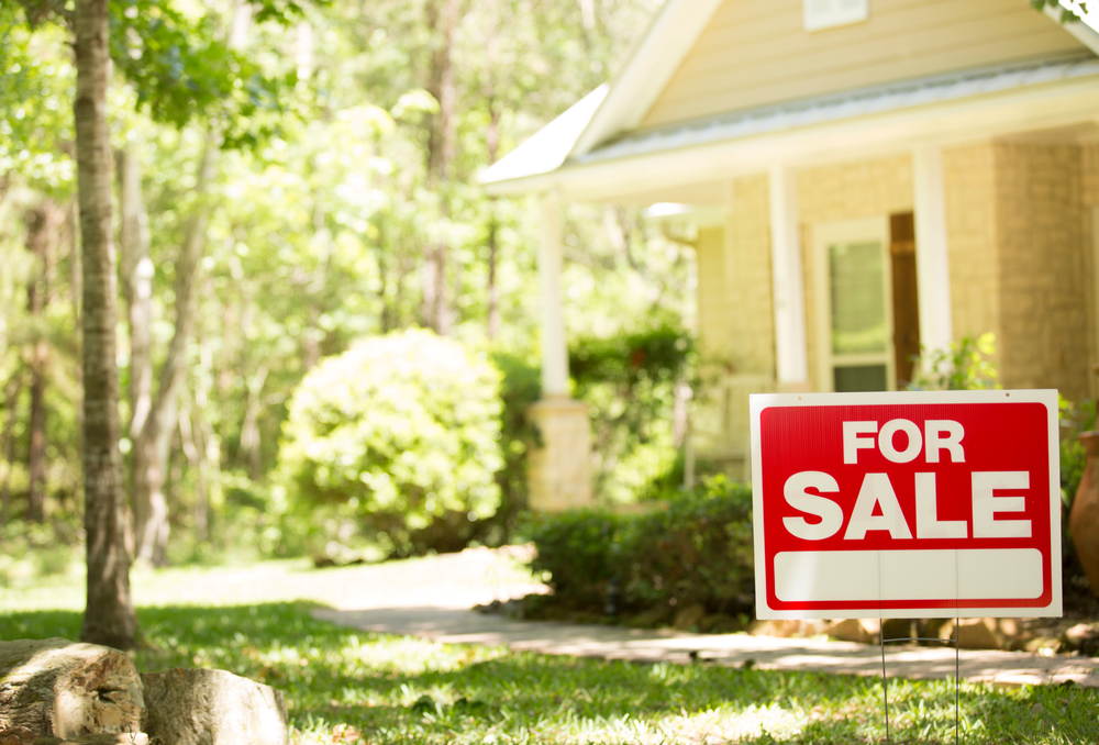 A house with a for sale sign in front of it.