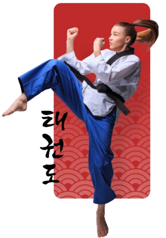 A woman in a taekwondo uniform is kicking in the air