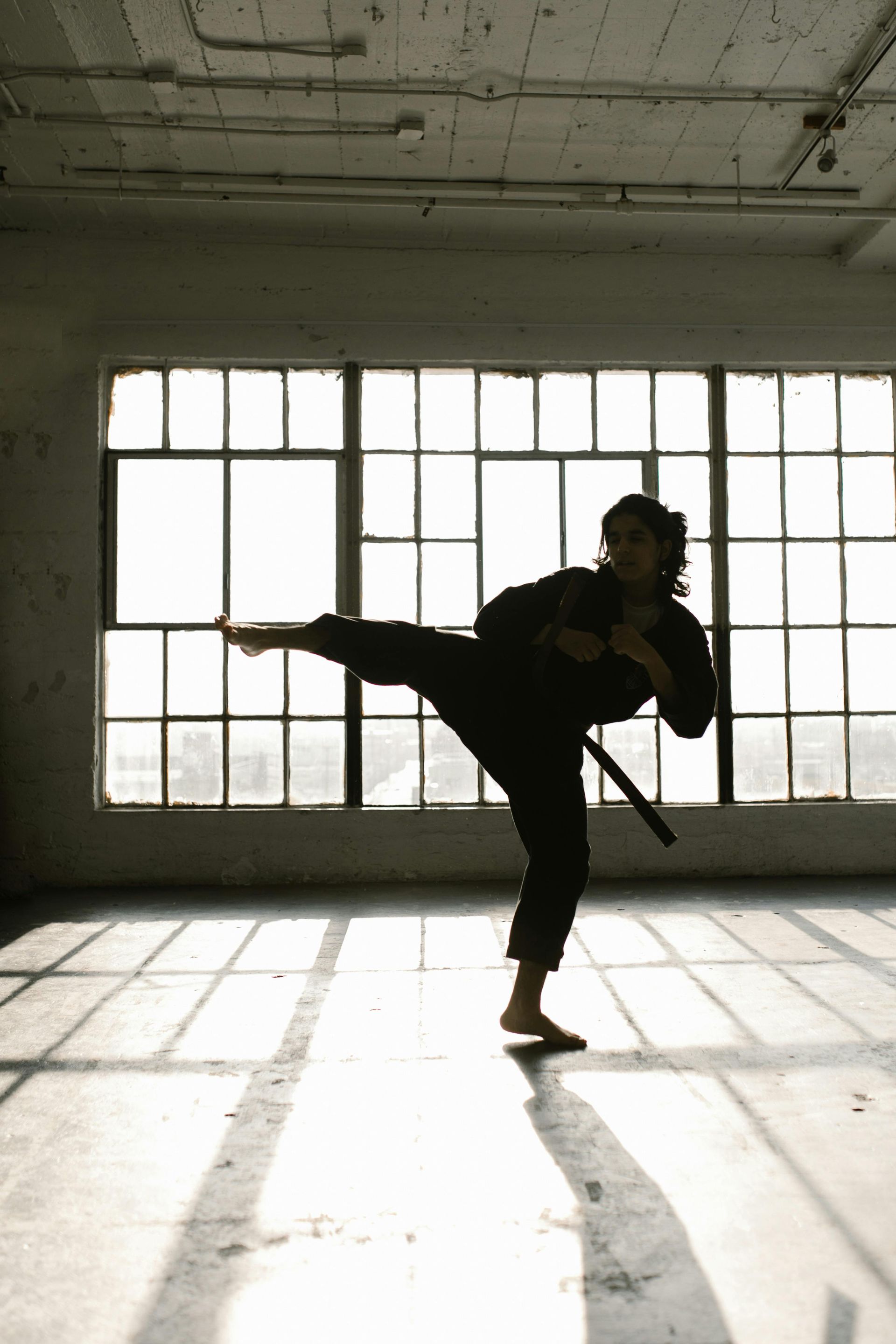 A silhouette of a person doing karate in front of a window