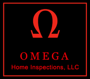 The logo for omega home inspections llc has a red omega symbol on a black background.