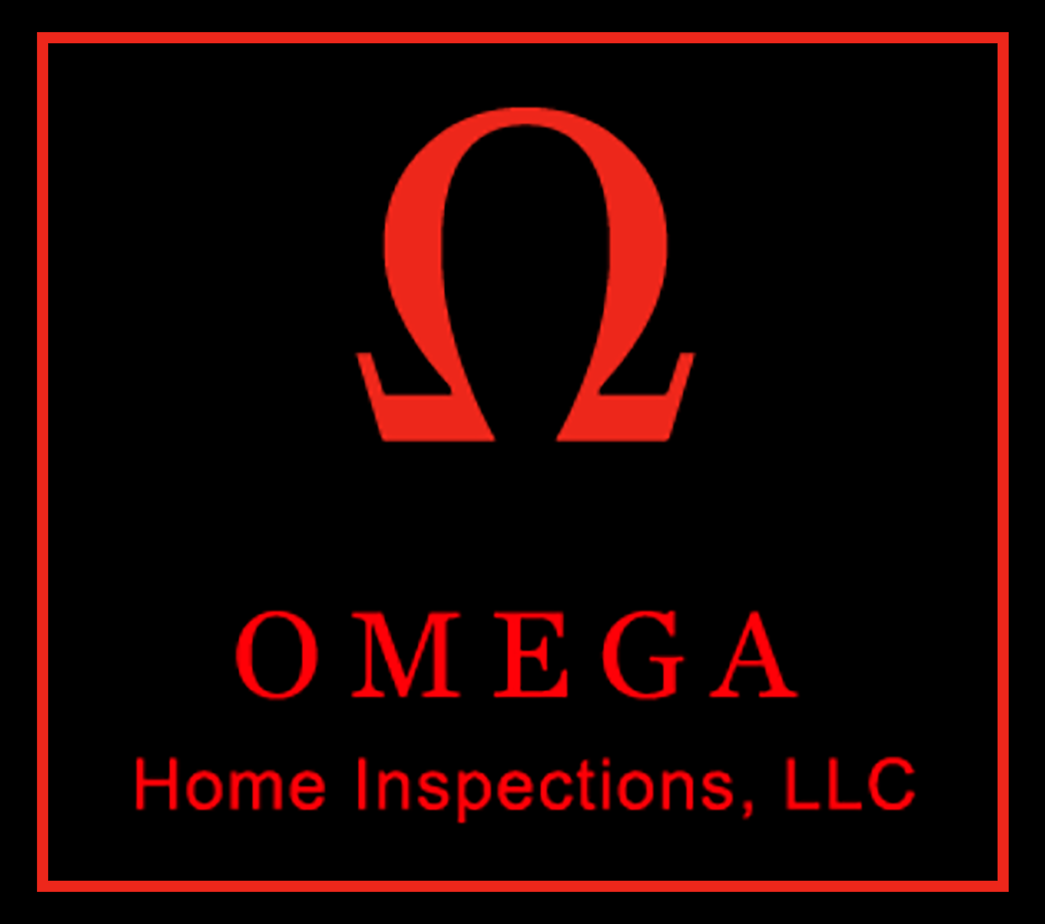 The logo for omega home inspections llc has a red omega symbol on a black background.