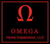 The logo for omega home inspections llc has a red omega symbol on a black background.
