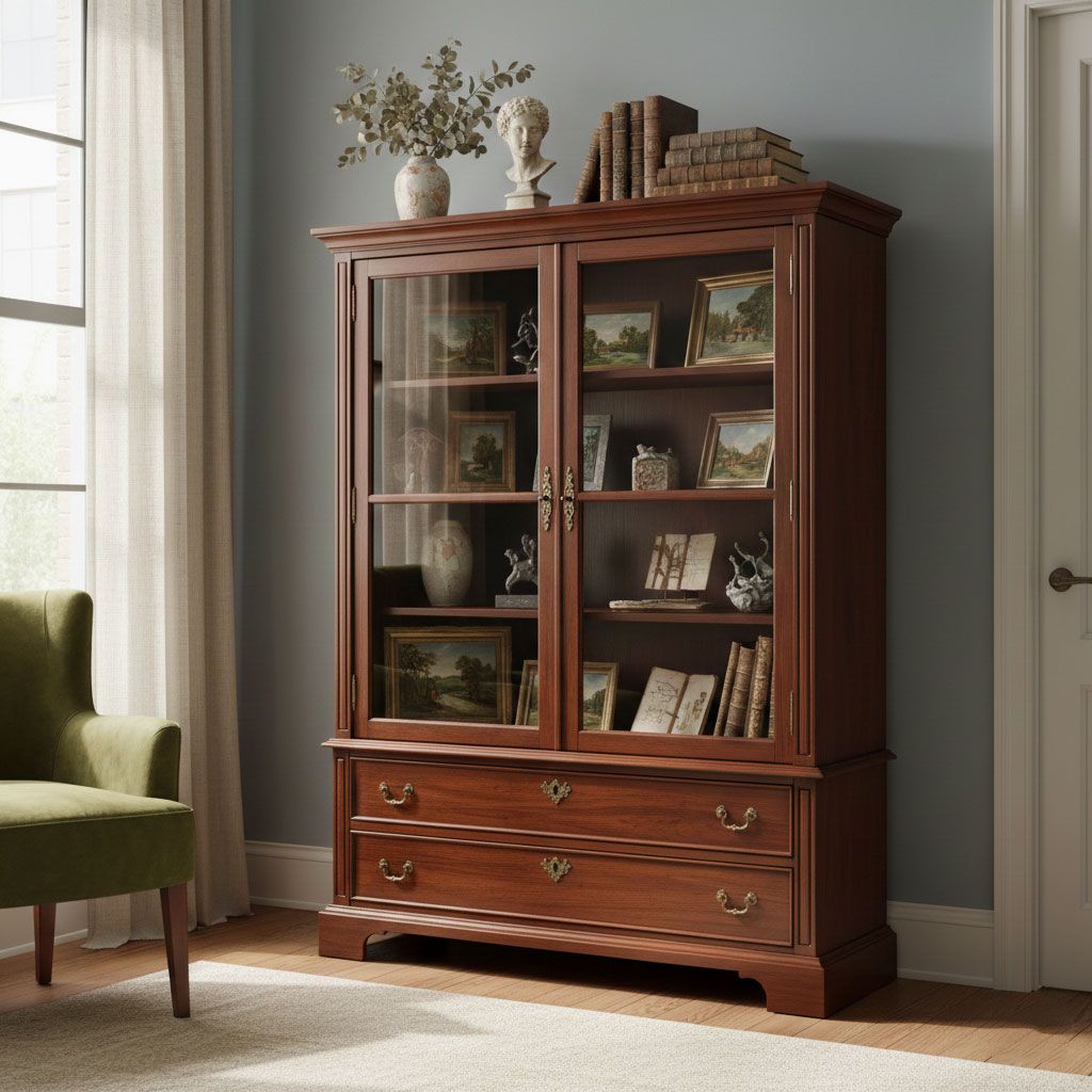 Wooden cabinet with glass doors, holding books, art, and decor. Green armchair sits beside it.