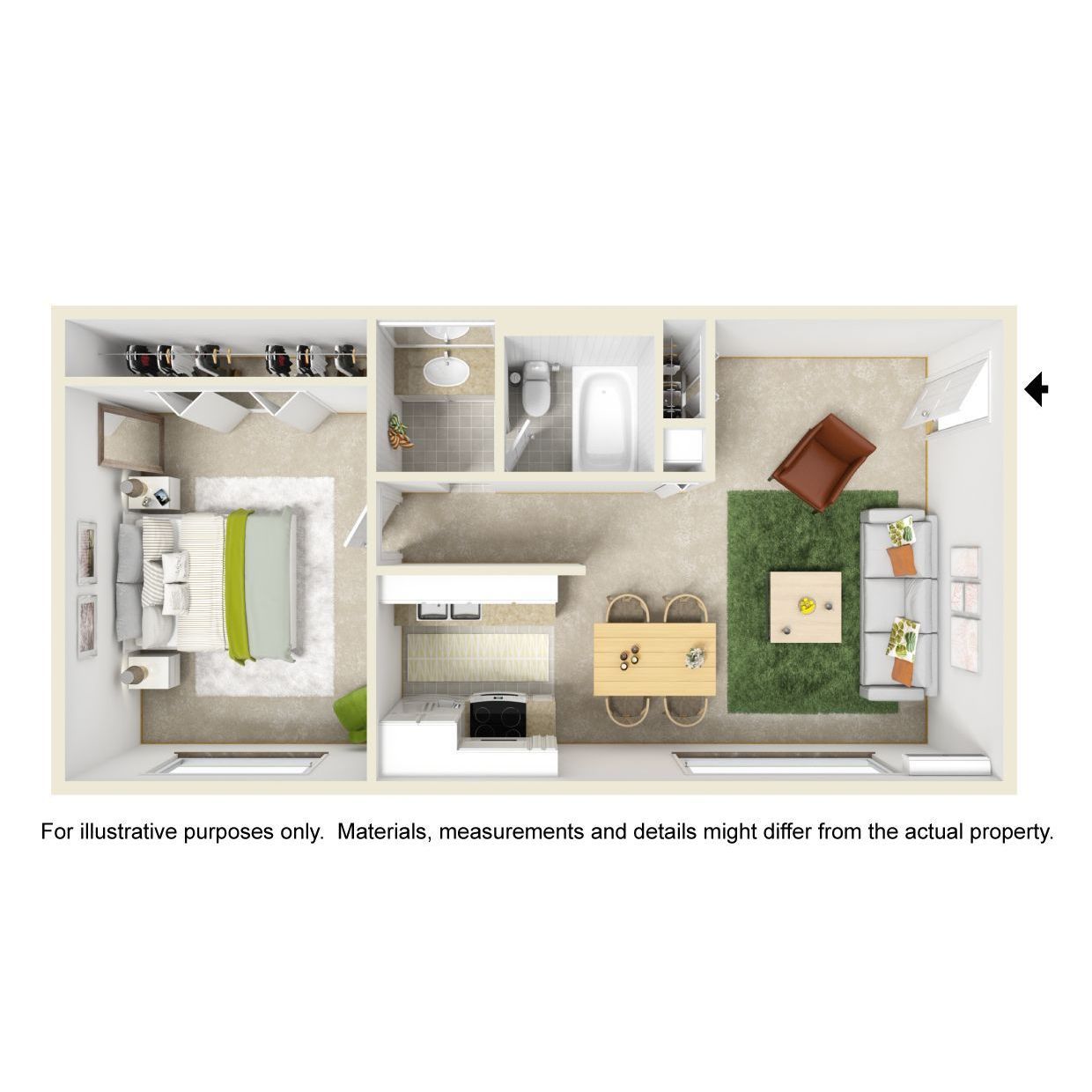 A 3d floor plan of a small apartment with a bedroom , living room , dining room , and bathroom.