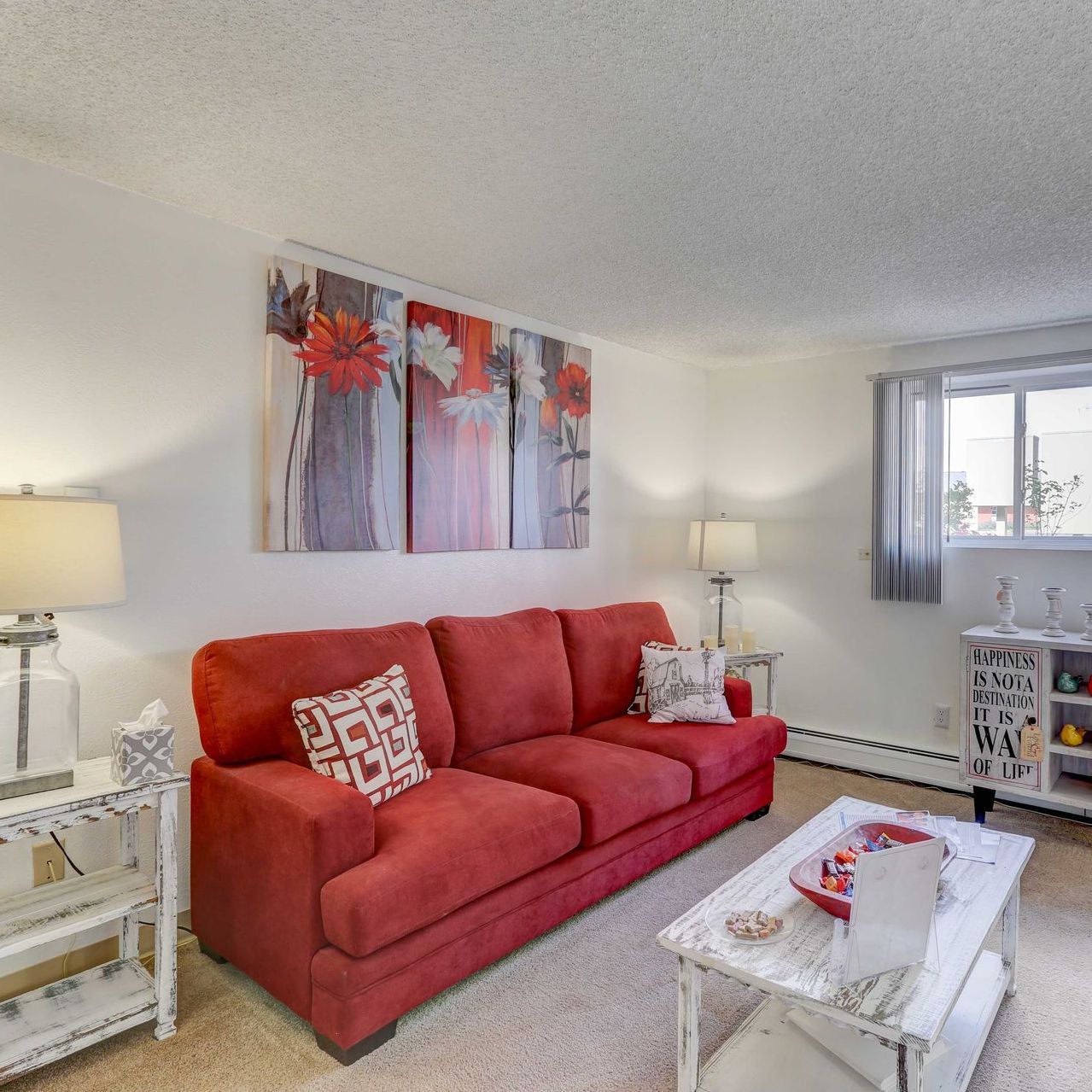 Interior photo of a seating area overlooking the city