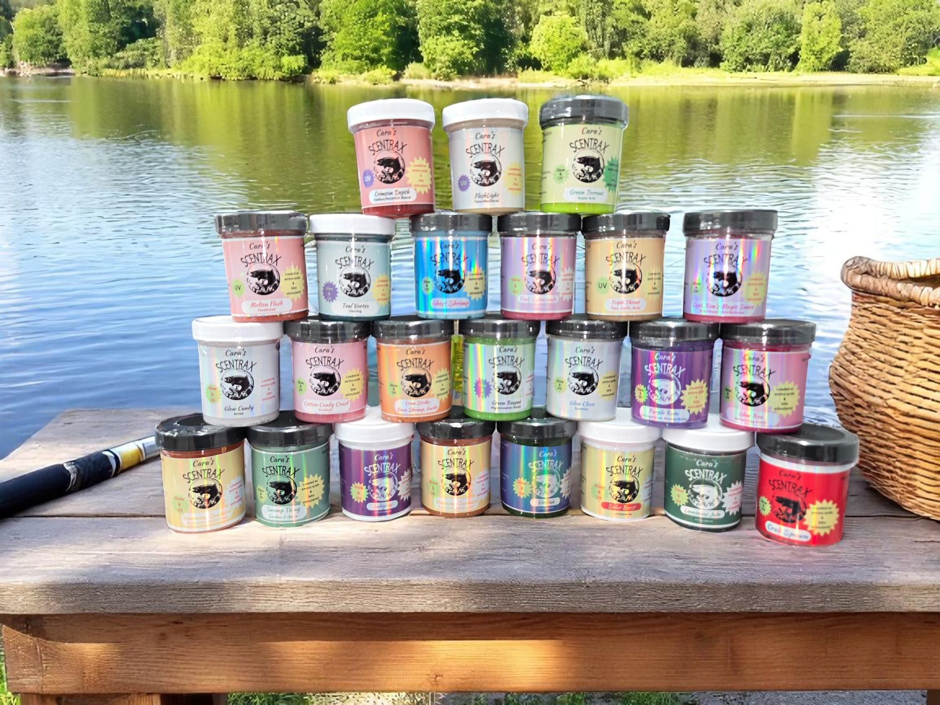 A bunch of jars stacked on top of each other on a wooden table next to a lake.