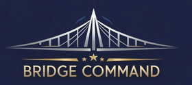 A logo for bridge command with a bridge on a blue background