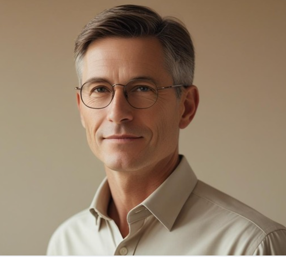 A man wearing glasses and a tan shirt smiles for the camera