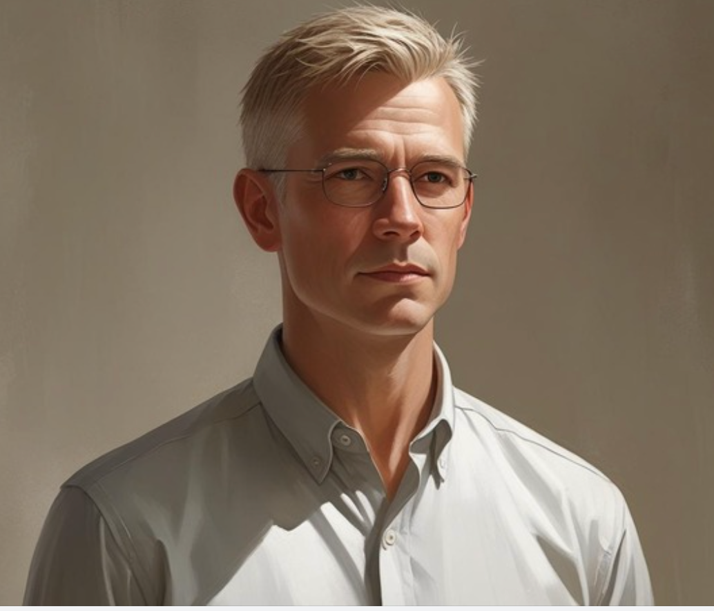 A man wearing glasses and a white shirt looks at the camera